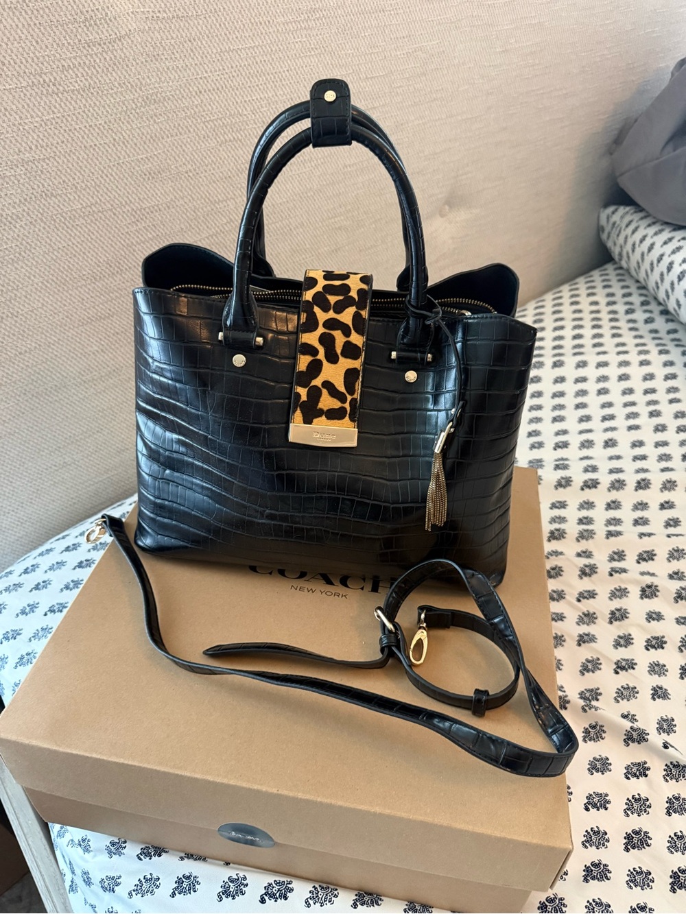 Dune Black Croc-Embossed Satchel with Leopard Accent